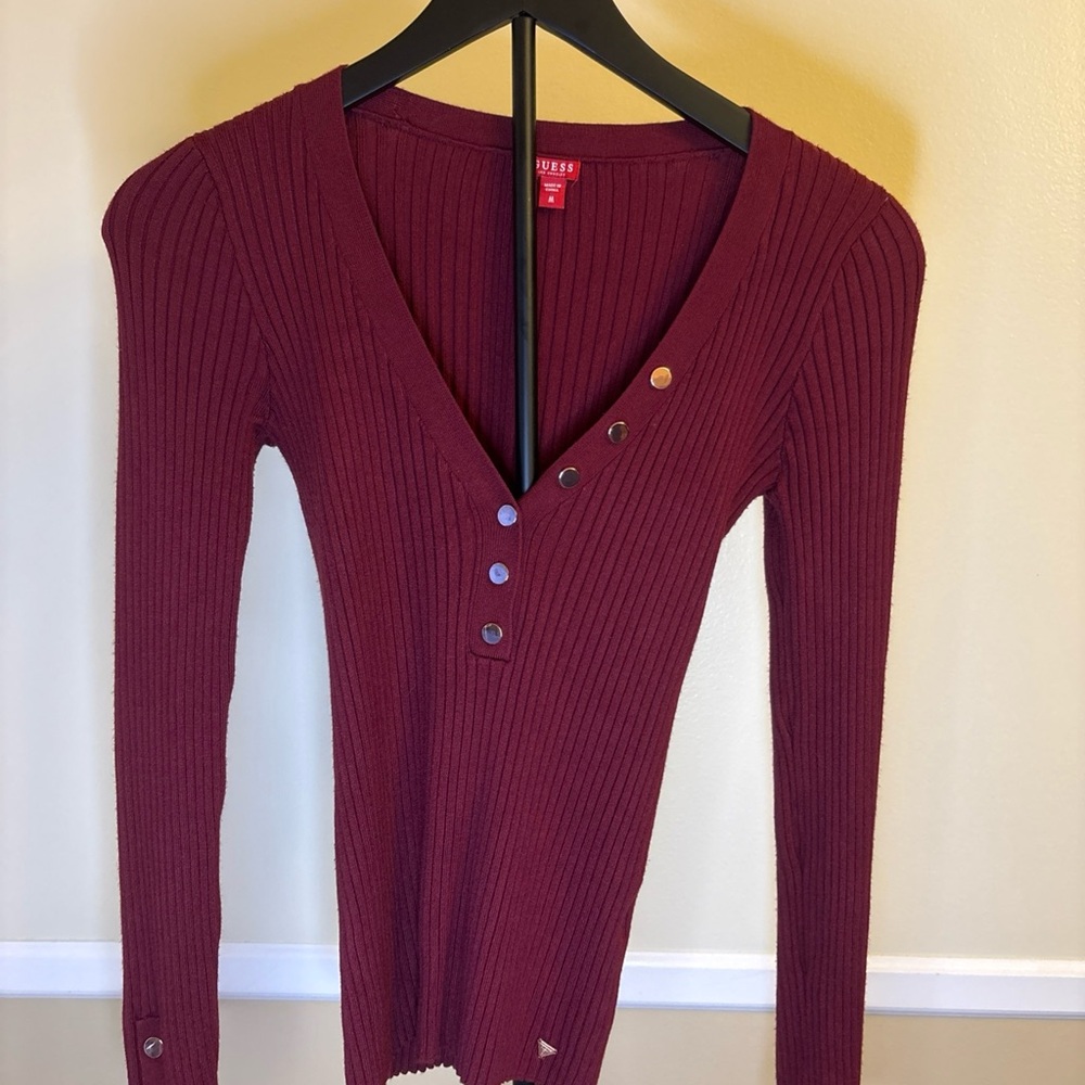 Guess Deep Red Ribbed Knit Top